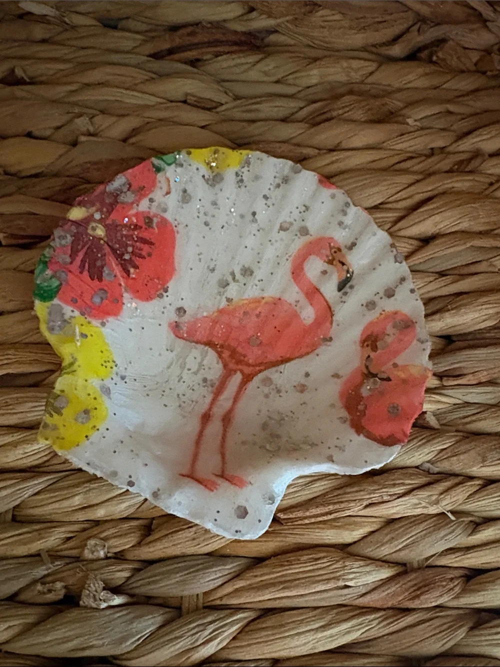 Pink Flamingo Shell Trinket Dish Decorative Accent